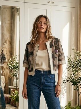Angela Mele Milano Italian Floral Tweed Cropped Jacket 44/M